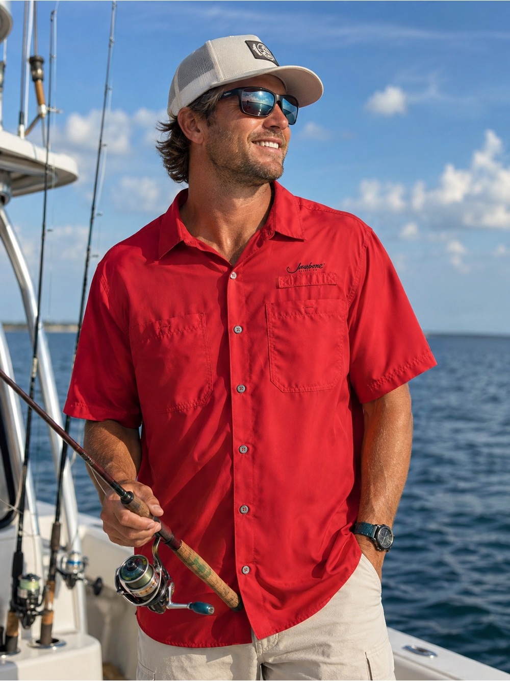 Jawbone Tackle Co Men’s Large Red Performance Fishing Shirt Vented Button Up